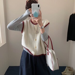 新款 女装 无袖 背心外搭 春秋圆领纽扣撞色宽松针织马甲叠穿2026短款