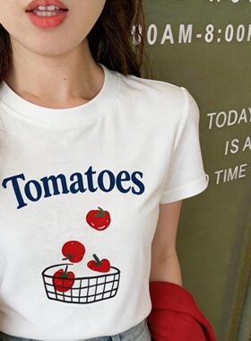 新款夏季2026草莓印花T恤宽松圆领上衣清新甜美体恤女装白色短袖