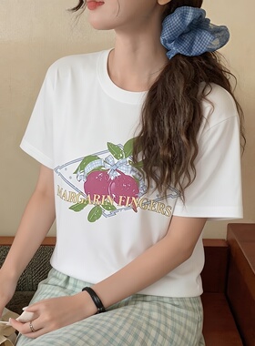 新款夏季2026字母水果印花T恤宽松圆领上衣清新甜美白色短袖女装