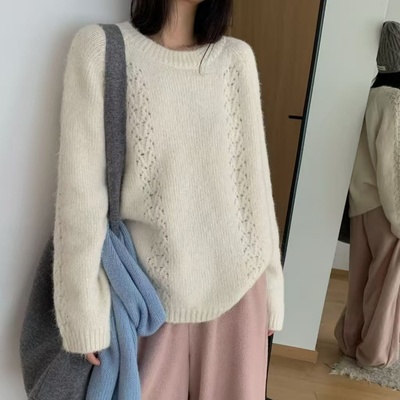 冬新款2025针织衫镂空钩花内搭上衣圆领女宽松套头韩加厚短款毛衣