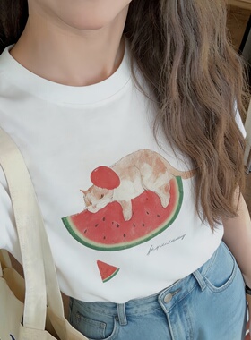 新款夏季2026猫咪西瓜印花T恤宽松圆领上衣清新甜美白色短袖女装