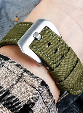 适用沛纳海Panerai帆布牛皮手表带PAM111441P柏尼时迷彩军绿24mm