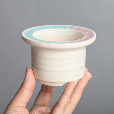 新品琉璃口多肉小花盆陶瓷帽檐盆手绘创意圆口冰裂开片迷你拇指盆