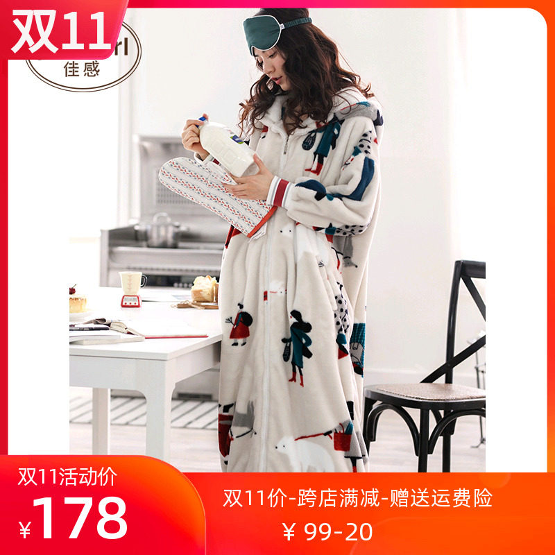 睡袍女秋冬睡裙大码加长款浴袍珊瑚绒保暖女连体睡衣法兰绒200斤