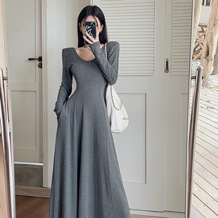 法式u领超长连衣裙女气质收腰高级感超好看垂坠感到脚踝性感长裙
