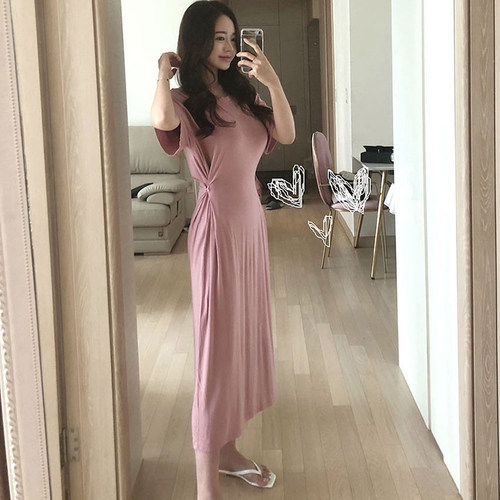 莫代尔收腰显瘦休闲风纯色连衣裙