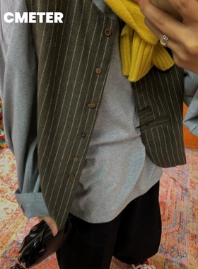 cmeter复古调性竖条纹棉服马甲短外套