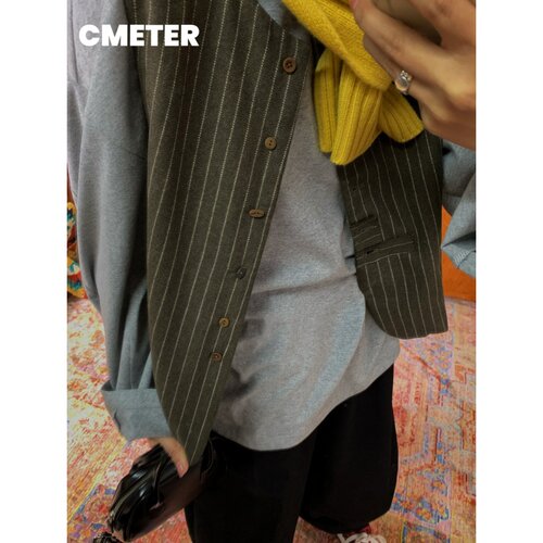 cmeter复古调性竖条纹棉服马甲短外套