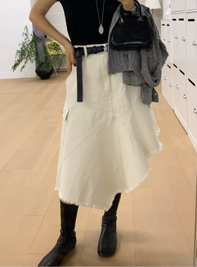 cmeter【异型不规则】秋冬新款下摆流速毛边高腰半身裙女