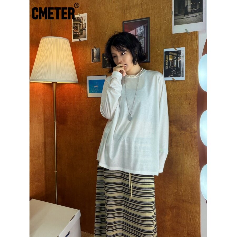 Cmeter莱赛尔绵羊毛长袖薄款松弛感圆领白色打底衫侧开叉内搭上衣