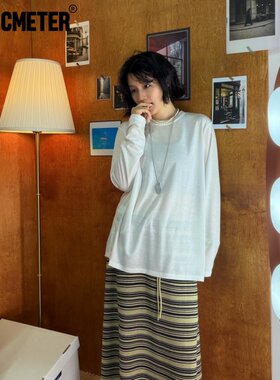 Cmeter莱赛尔绵羊毛长袖薄款松弛感圆领白色打底衫侧开叉内搭上衣