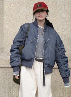 CMETER秋冬弧线双头拉链白鸭绒飞行员夹克羽绒服女