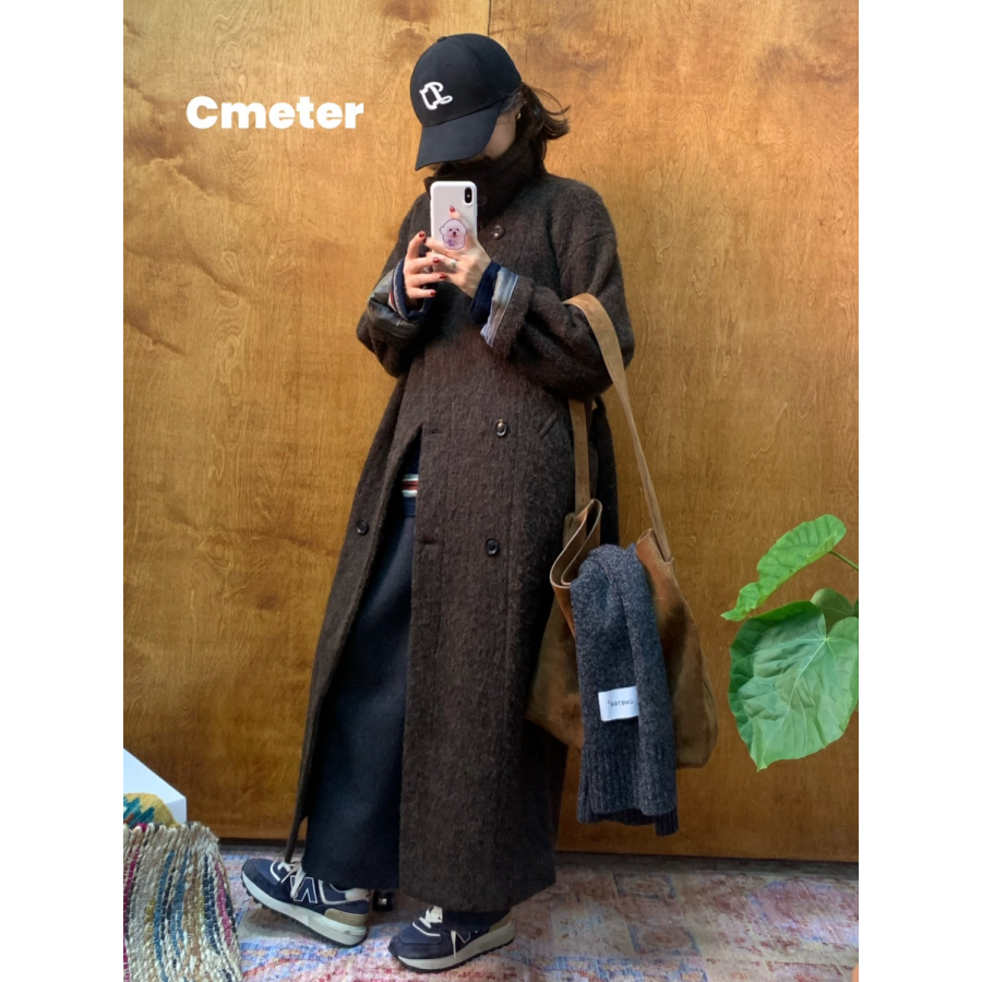 CMETER【不一样的面料质感】羊驼毛厚实长款通勤大衣毛呢外套女