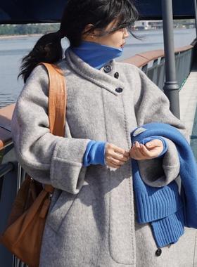 CMETER蚕丝羊毛暗扣立领廓形手工大衣羊毛外套女
