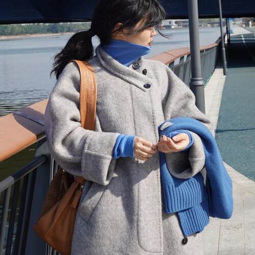 CMETER蚕丝羊毛暗扣立领廓形手工大衣羊毛外套女