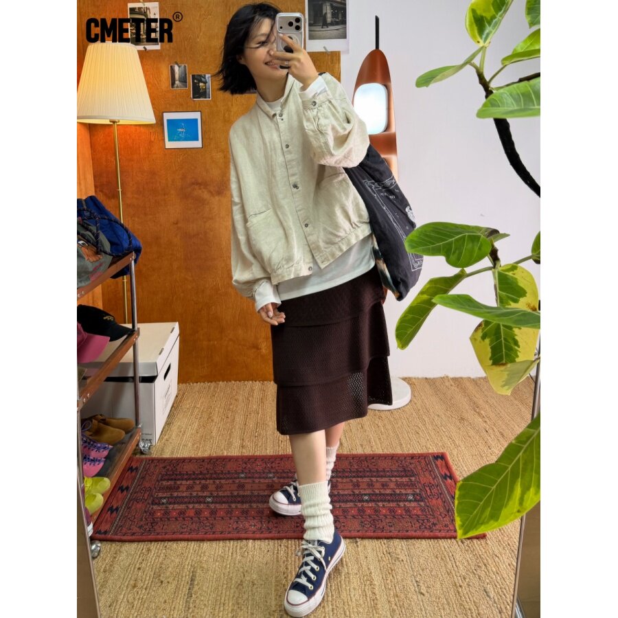 cmeter亚麻文艺复古短款小衫外套开衫女小翻领束口袖上衣