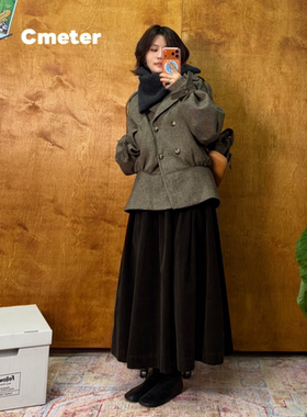 CMETER复古风双排扣毛呢外套中长款羽绒服女