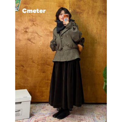 CMETER复古风双排扣毛呢外套中长款羽绒服女