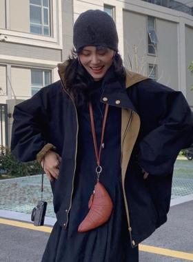 CMETER 宽松复古拉链外套工装风休闲连帽两面穿外套风衣女