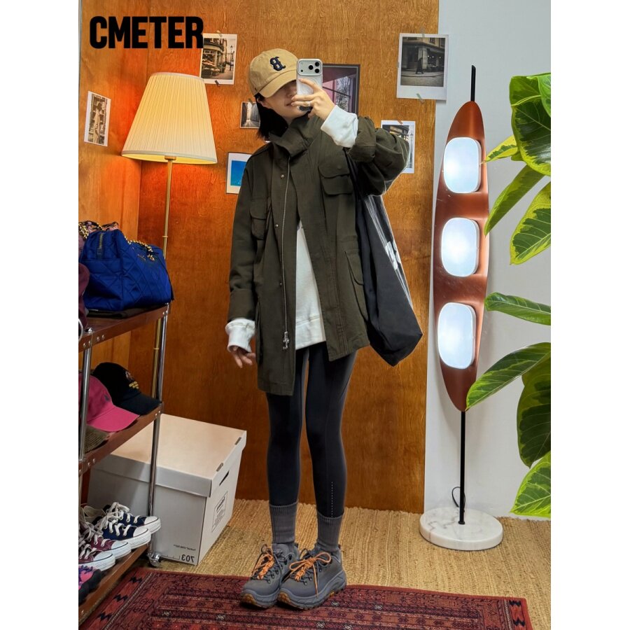 CMETER复古户外工装夹克女焦茶绿多口袋宽松廓形春秋休闲外套