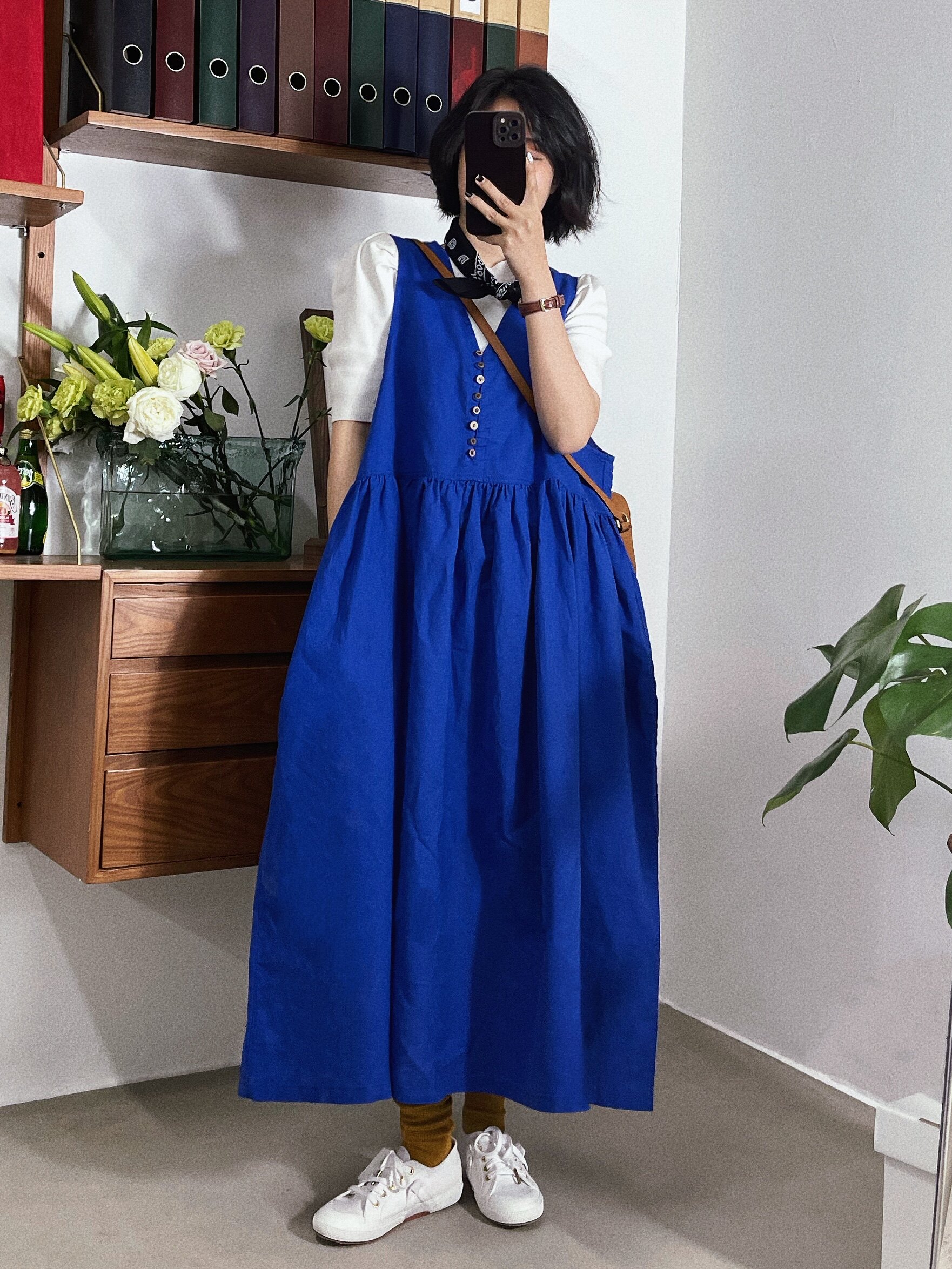 夏日彩色 宝蓝色大摆无袖背带裙