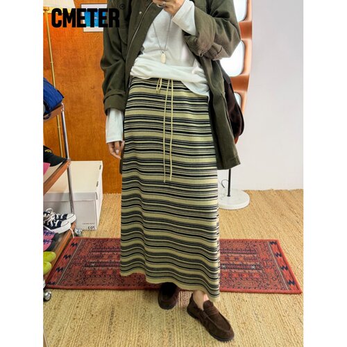 Cmeter复古加州晚风条纹针织半身裙抽绳A摆及踝长裙撞色针织半裙