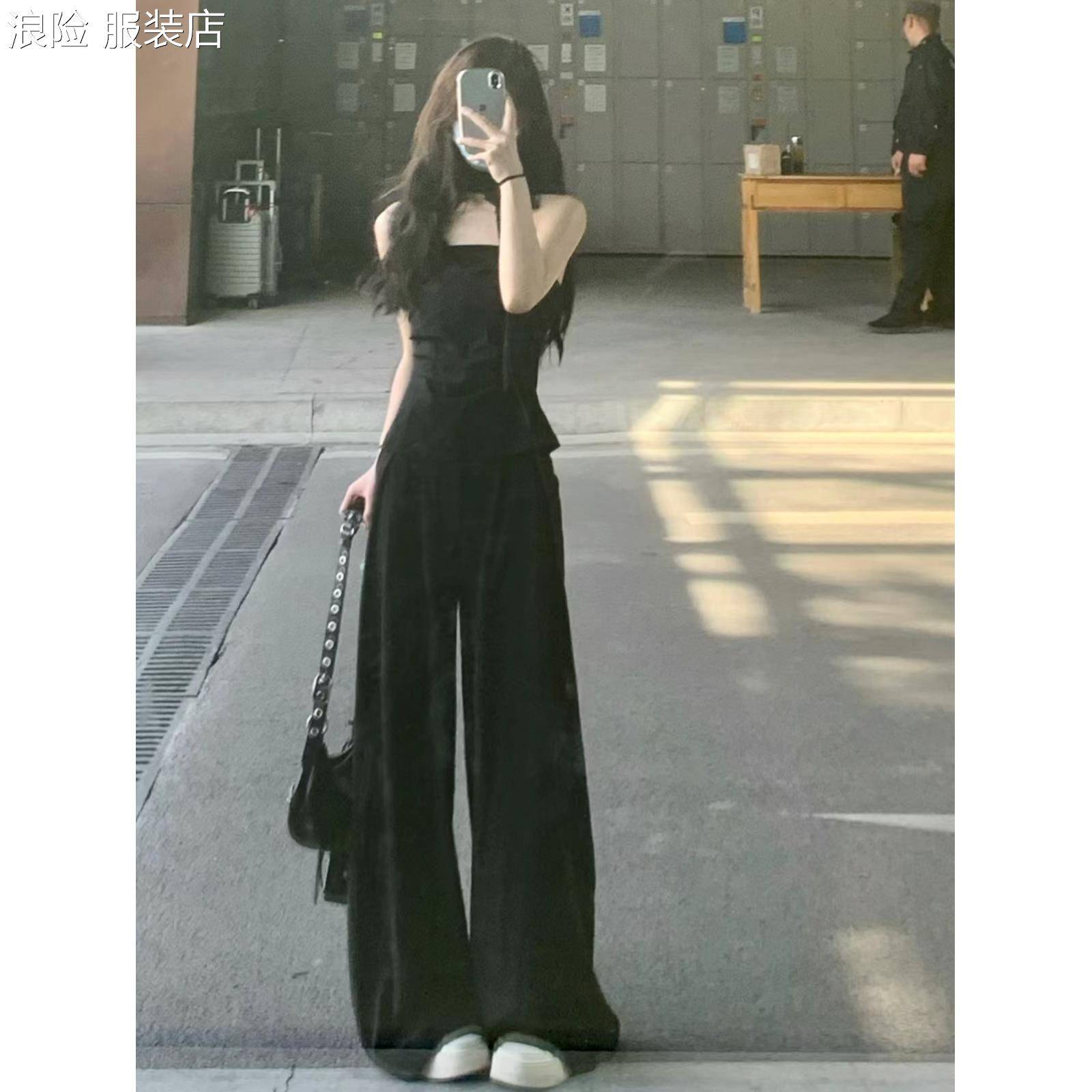浪险黑色抹胸西装阔腿裤套装女2025新款夏高级感穿搭一整套时尚两