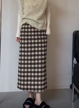 你别走23096-1 加厚毛呢半身裙女秋冬季时尚格子高腰显瘦开叉裙子