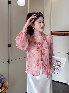 2025春季新款雪纺复古甜辣妹晕染免烫衬衫女碎花长袖飘带衬衣ouse