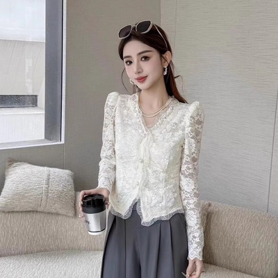 ouse气质名媛V领蕾丝衫上衣女春