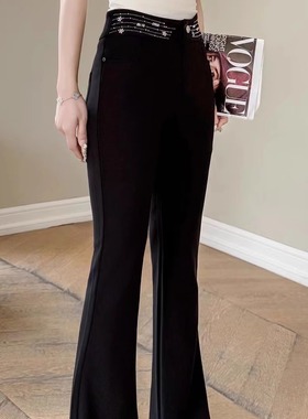 黑色高级感订钻微喇裤女秋季新款松紧腰修身弹力显瘦休闲长裤ouse