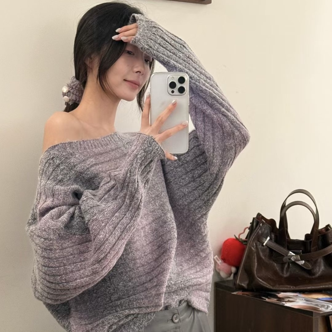 nibiezou一字肩chic针织衫配围脖