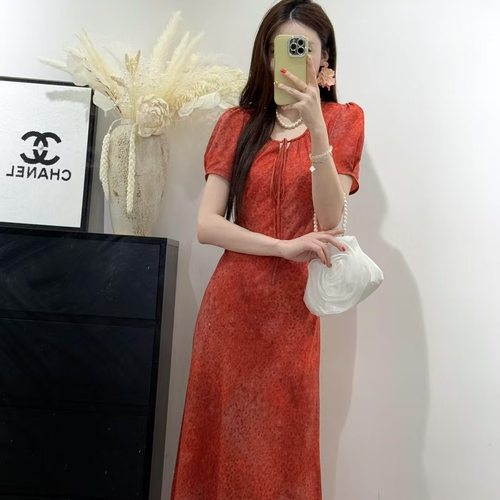 法式雪纺碎花系带连衣裙女仙女裙