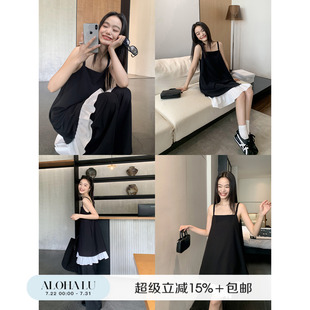荷叶边撞色拼接黑色连衣裙套装 鹿见喜 女小个子设计感花边吊带裙