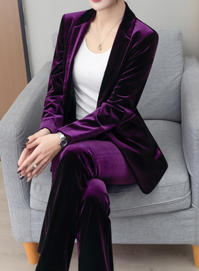 高级感紫色金丝绒西装套装女职场气质显瘦女人味西服微喇裤两件套