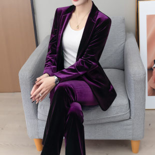 两件套 女职场气质显瘦女人味西服微喇裤 高级感紫色金丝绒西装 套装