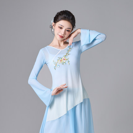 蓝金绣花古典舞纱衣北舞顶流原创微喇叭袖练功服飘逸渐变色大摆裙