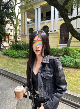 M7SMFK经典舞团牛仔夹克十字花臂拼接皮质修身摇滚短款外套上衣