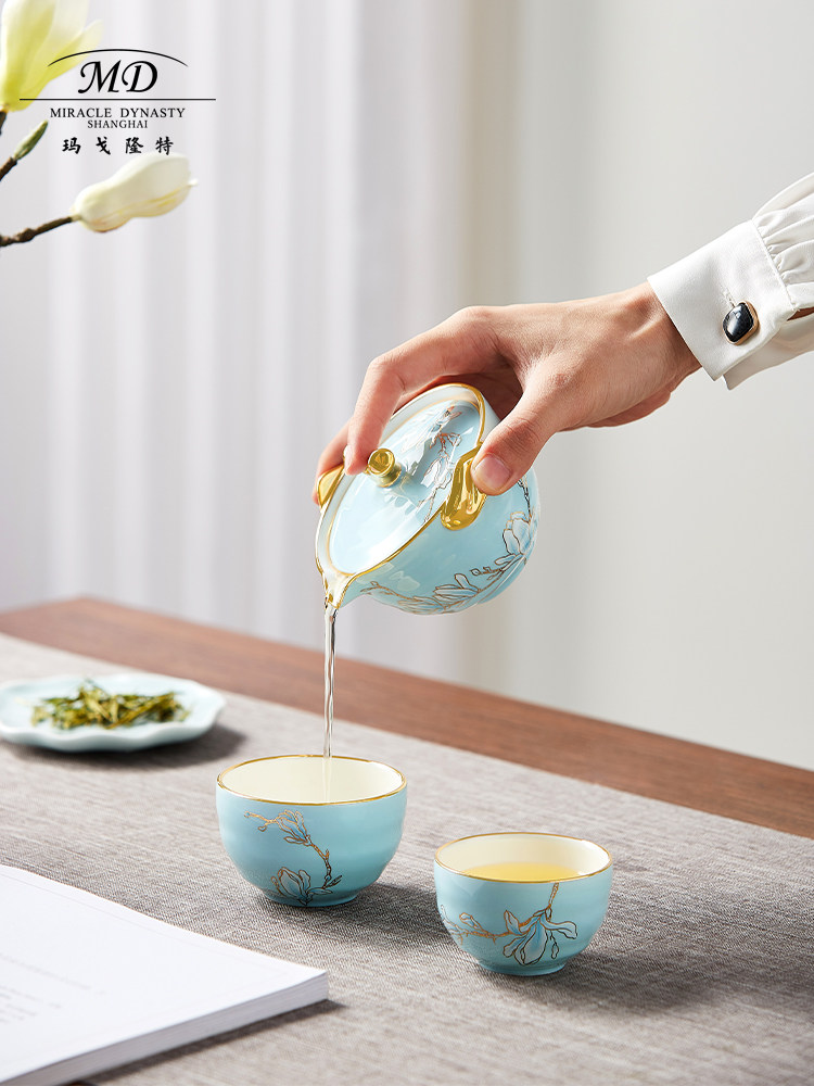 玛戈隆特玉兰花开珐琅彩骨瓷茶具泡茶专用便携旅行功夫套装高级感