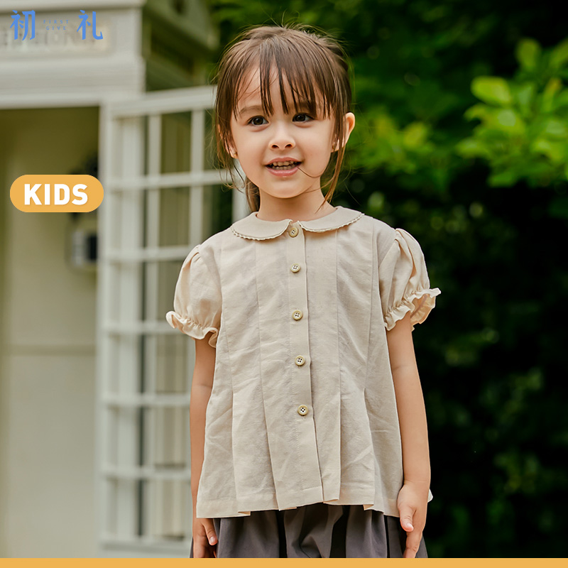 new pattern girl Lace Lace collar Beige Short sleeved shirt Retro puff sleeve Crimp Hem jacketin the Children/Baby/Family fitted , Shirt  category - from Buy2taobao.com to provide professional Taobao agent buy service