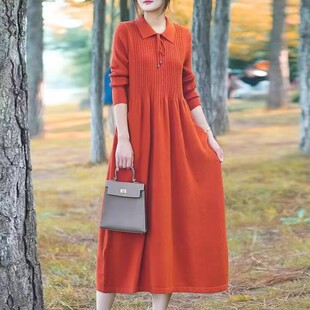 秋冬新款女士中长款过膝针织衫毛衣娃娃领宽松加大码打底连衣裙