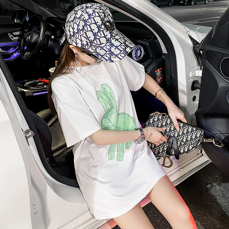 2021 real shot new summer short sleeve women's hot Diamond Fashion Korean printing medium length loose T-shirt
