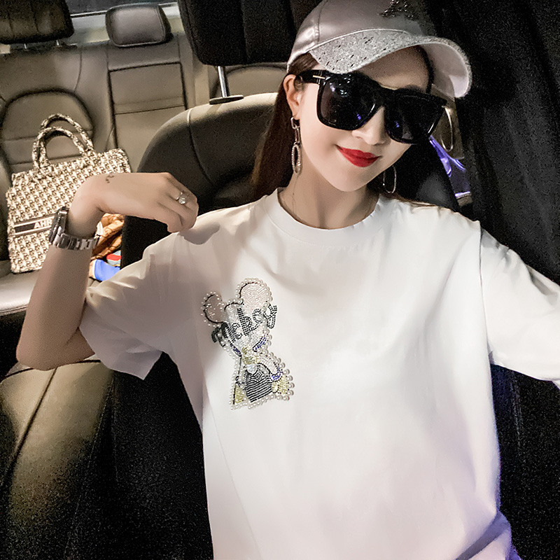 Real shot 2021 nail bead hot drilling short sleeve women's medium length loose T-shirt women's wear Korean large women's top