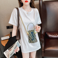 Real photo 2021 summer new fashion printing medium length loose t-shirt female short sleeve Korean women's loose