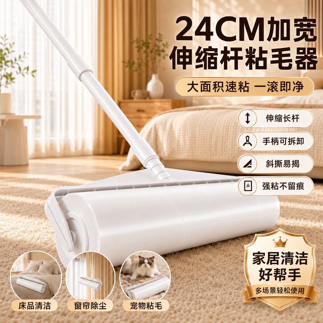伸缩杆滚筒粘毛器可撕纸除尘吸发