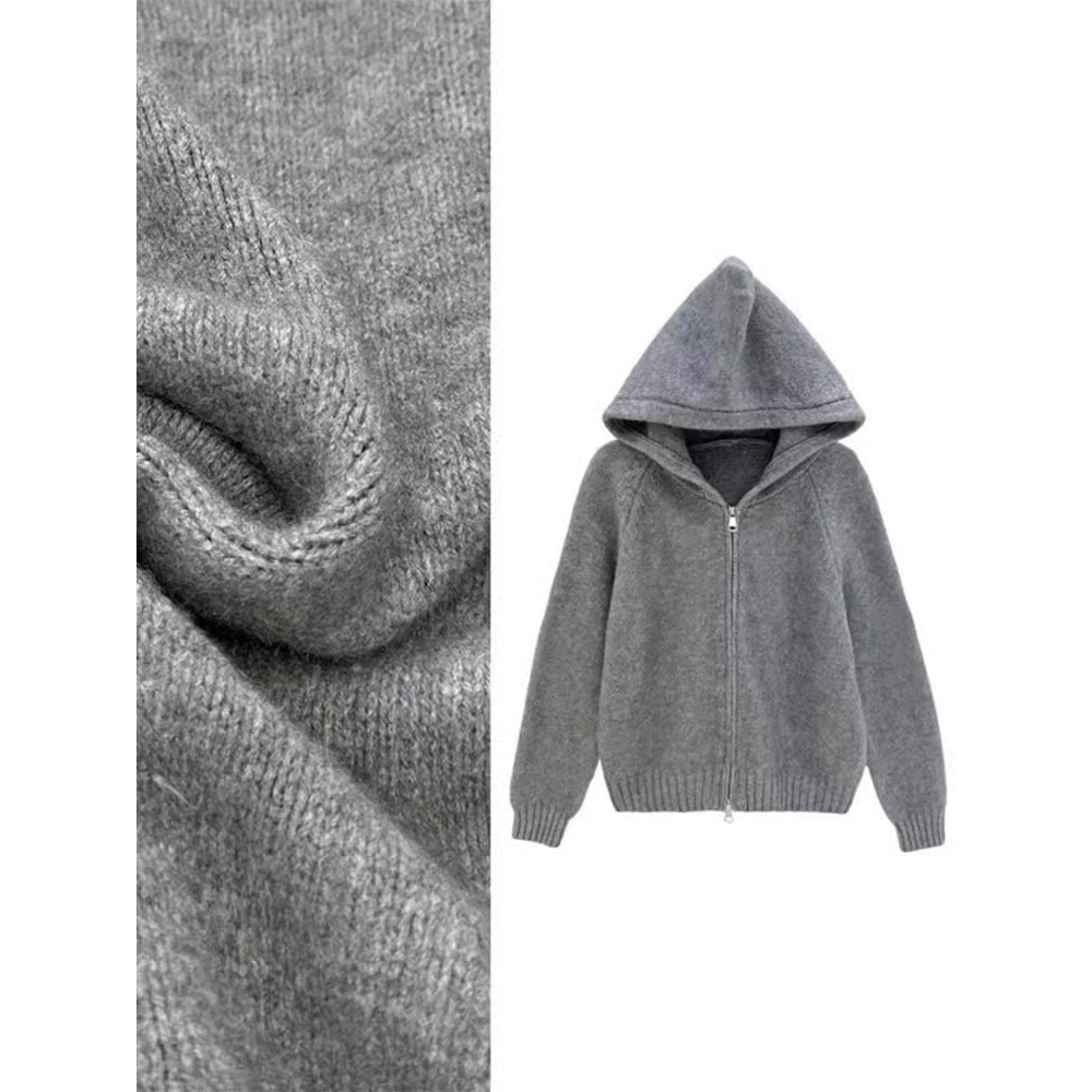 韩系双拉链设计感纯色连帽针织开衫女简约休闲外贸新款针织开衫