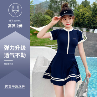 海边泳池度假泳装 泡温泉泳衣女韩系连体运动裙式 保守遮肉显瘦修身