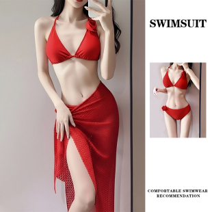 新款 泳衣女泰国辣妹风性感比基尼分体三件套海岛度假显瘦温泉泳装