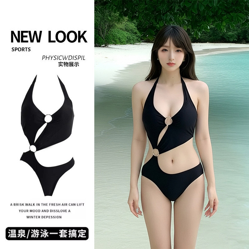 黑色连体泳衣女2026新款性感挂脖镂空显瘦温泉度假辣妹风泳装女款