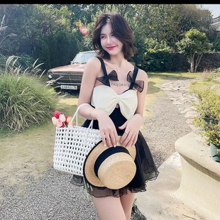 连体泳衣女新款 小香风ins仙女范遮肚显瘦保守甜美泡温泉度假泳装